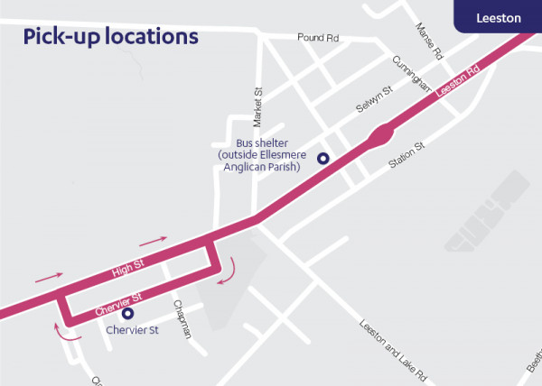 Leeston route map for 87 Southbridge - Lincoln