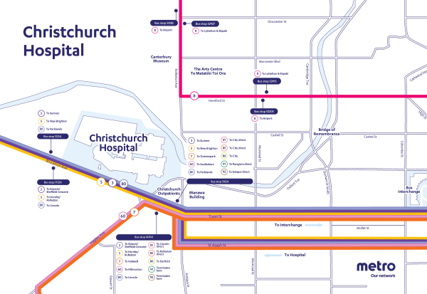 Map of routes and stops around Christchurch Hospital