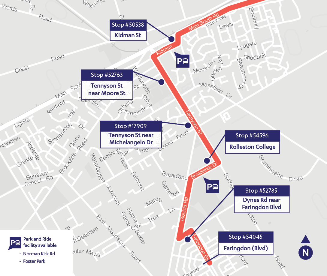 Rolleston route map for 85 Rolleston - City direct