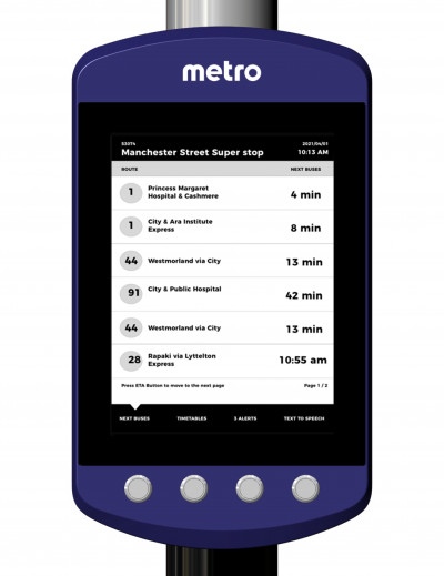 Bus finder screen with chronological list of bus times for several routes. 