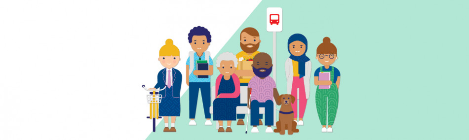 Image of different people standing at bus stop.