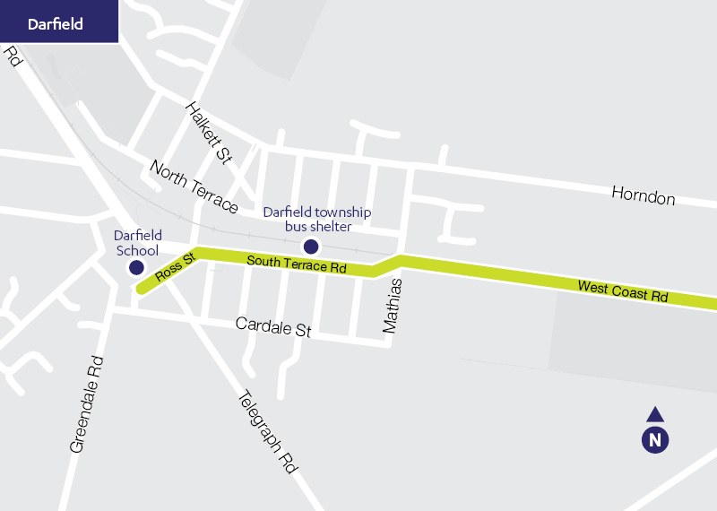 Darfield route map for 86 Darfield - City: Darfield School at northwestern end of Ross St; Darfield township bus shelter on the northern side of South Terrace Rd (between Ross St to the west, and Mathias to the east). 