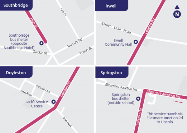 Southbridge, Irwell, Doyleston, and Springston route map for 87 Southbridge - Lincoln