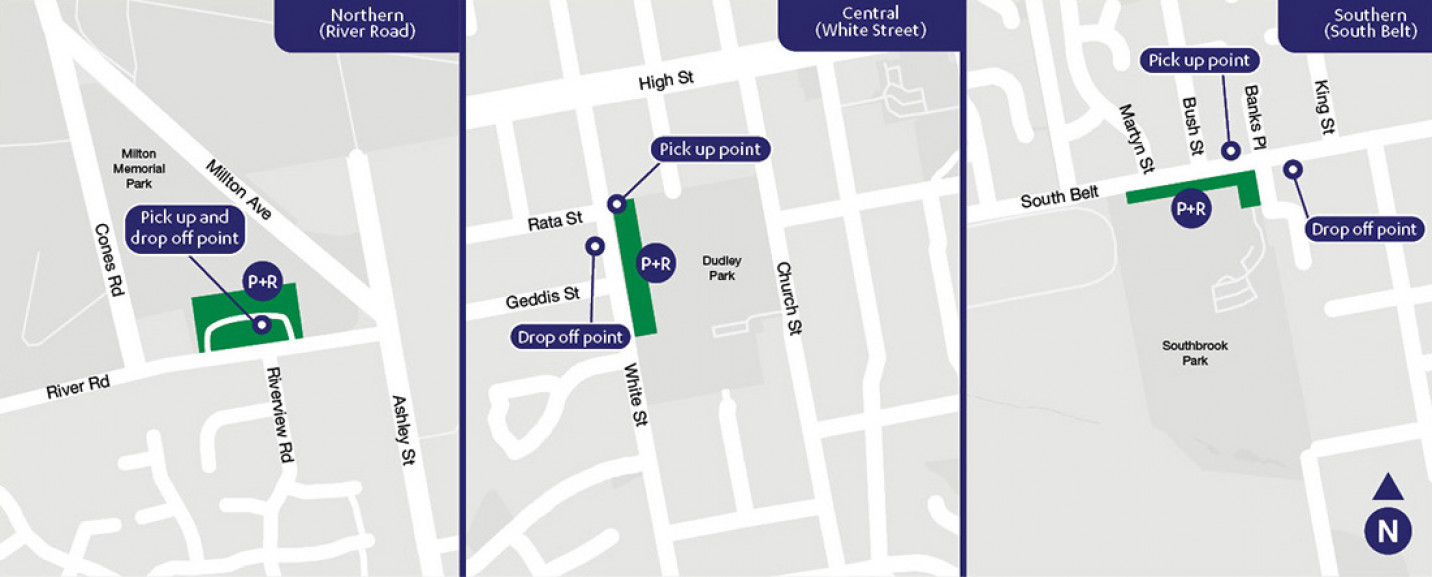 Park & Ride locations map for 91 Rangiora - City direct