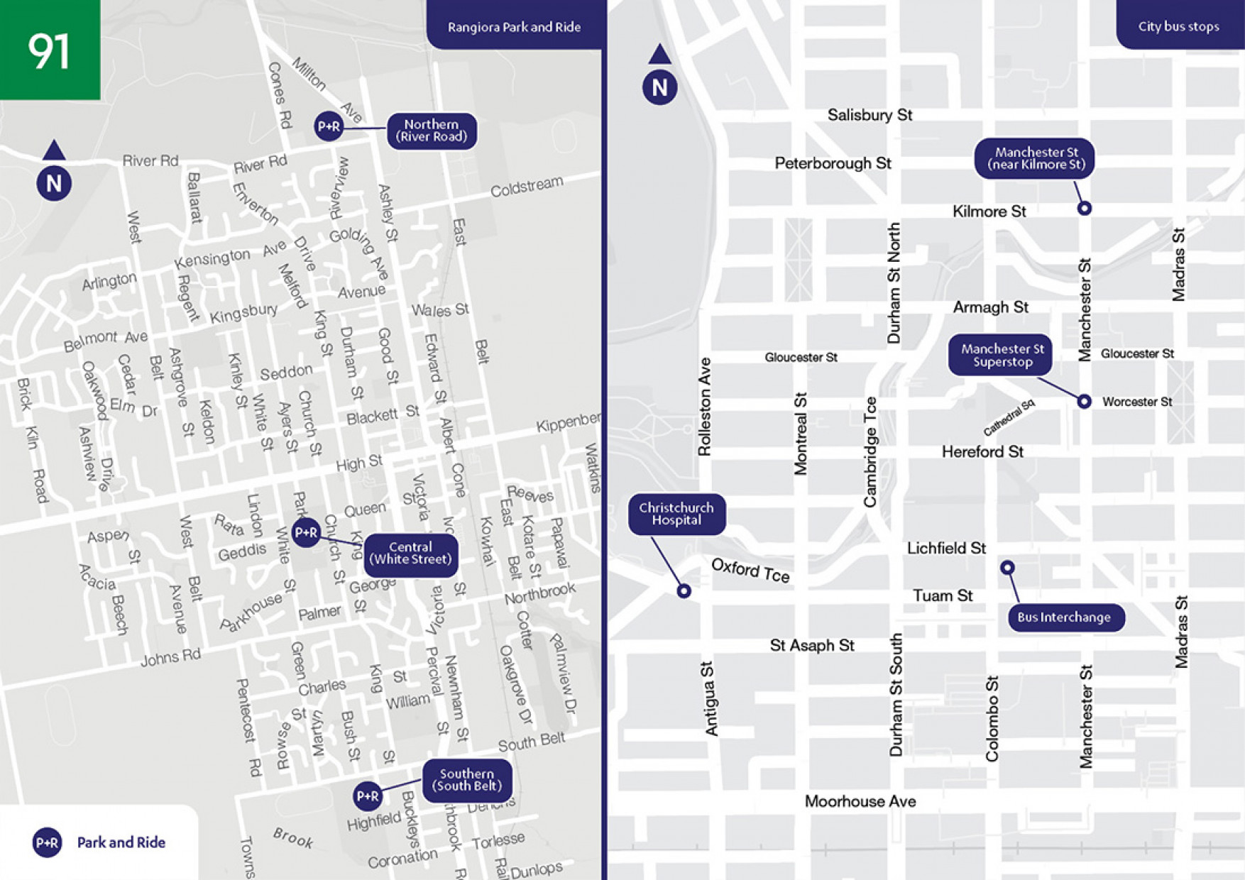 Stops map for Rangiora - City direct