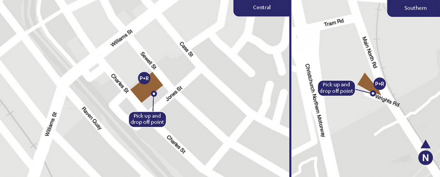 Park & Ride locations map for 92 Kaiapoi - City direct