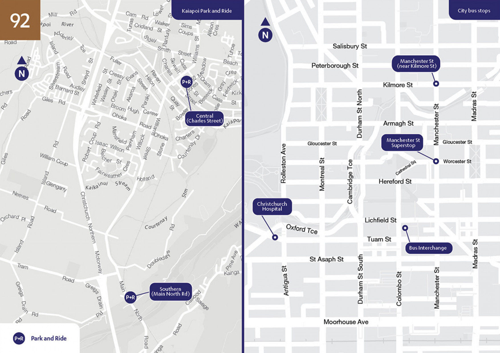 Stops map for 92 Kaiapoi - City direct