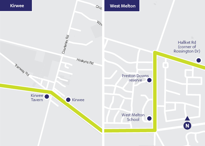 Kirwee and West Melton route map for 86 Darfield - City: Kirwee on the northern side of the road near (but east of) the intersection of Courtneay Rd and Tramway Rd; Kirwee Tavern on the southwestren corner of Courtenay Rd and Tramway Rd;  West Melton School on the western side of the road, south of Preston Downs Reserve (also on the western side of the road); Hallket Rd (corner of Rossington Dr) on the northern side of the road. 