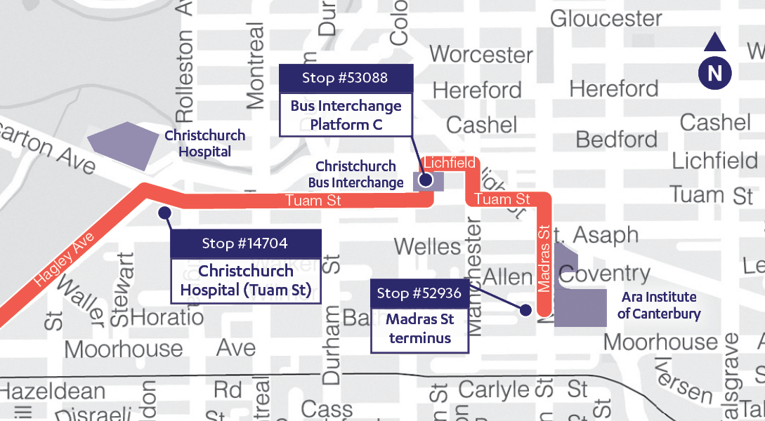 City route map for 85 Rolleston - City direct