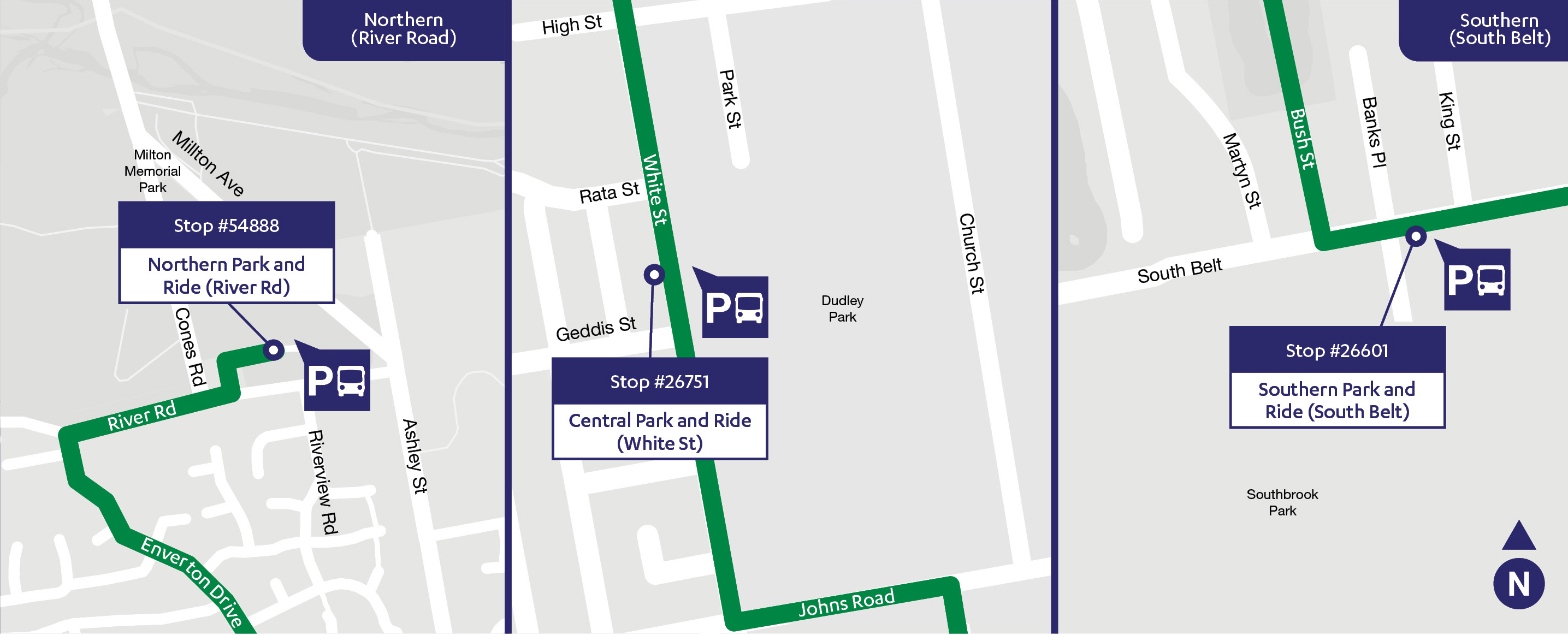 Rangiora Park and Ride locations. Northen (River Road): Stop #54888 Northern Park and Ride (River Rd, east of Cones Rd). Stop # 26751 Central Park and Ride (White St, between Rata St and Geddis St); Southern (South Belt): Stop #26601 Southern Park and Ride (South Belt, southern side between Banks Pl and King St). 