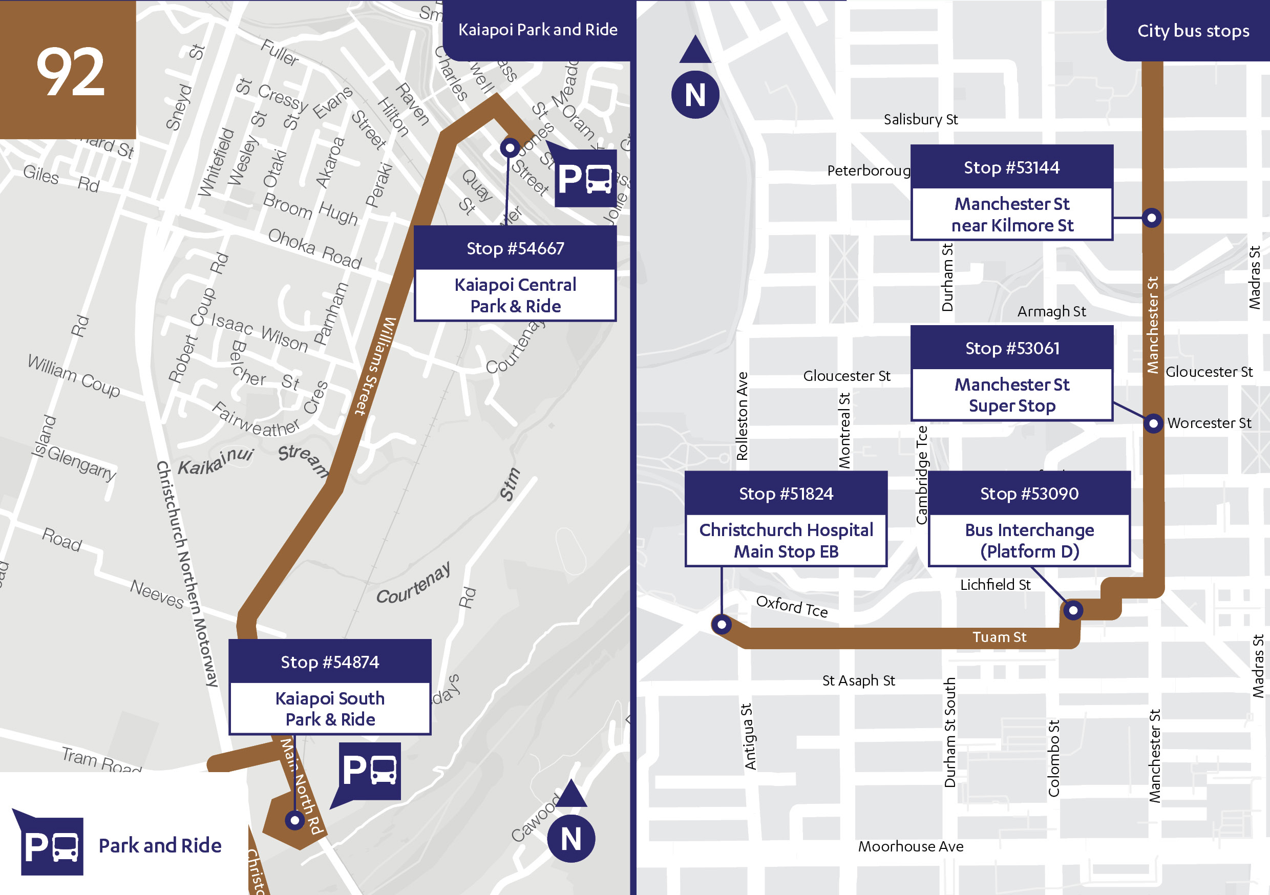 Route 92 stop locations. Kaiapoi Park and Ride: Stop #54667 Kaiapoi Central Park and Ride (Jones); Stop #54874 Kaiapoi South Park and Ride (Main North Rd, south of Tram Road). City bus stops: Stop #53144 Manchester St near Kilmore St; Stop #53061 Manchester St SuperStop near Worcester St; Stop #53090 Bus Interchange (Platform D); Stop #51824 Christchurch Hospital Main Stop EB, between Oxford Tce and Antigua St. 