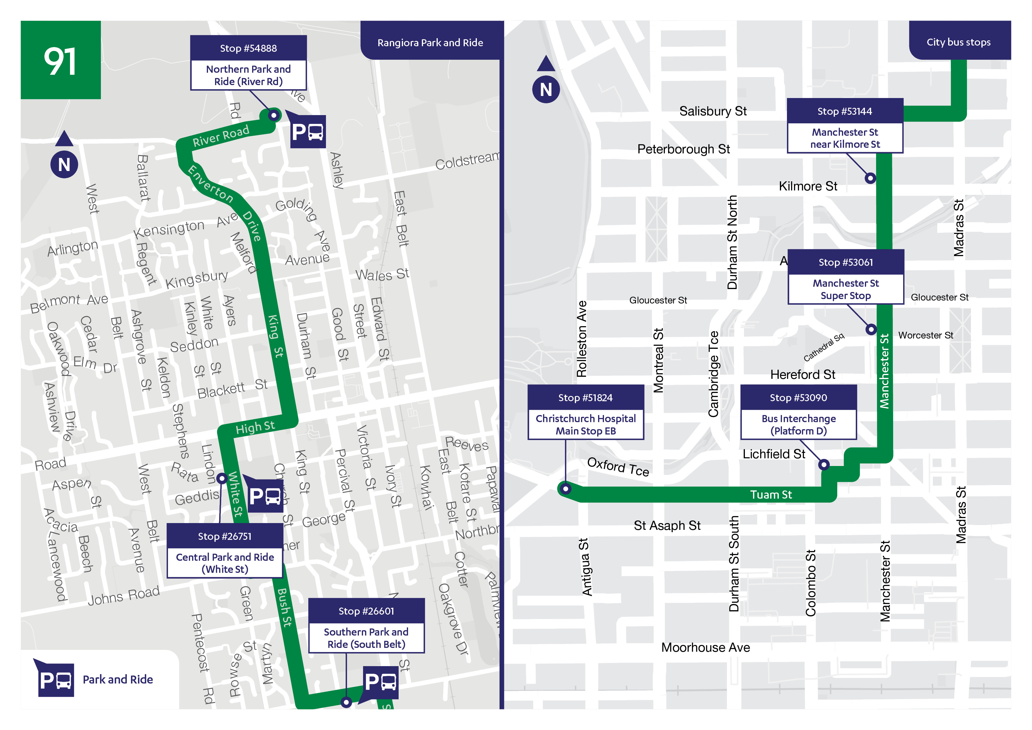 Locations of Route 91 stops. Rangiora Park and Ride: Stop #54888 Northern Park and Ride (River Rd); Stop #26751 Central Park and Ride (White St, between Rata and Geddis); Stop #26601 Southern Park and Ride (South Belt). City bus stops: Stop #53144 Manchester St near Kilmore St; Stop #53061 Manchester St SuperStop near Worcester St; Stop #53090 Bus Interchange (Platform D); Stop #51824 Christchurch Hospital Main Stop EB, between Oxford Tce and Antigua St. 