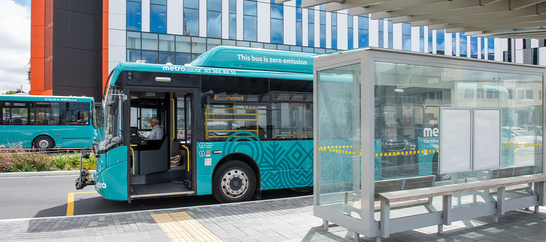 Bus at bus stop near Christchurch hospital