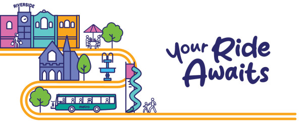 Colourful graphic with landmarks of Christchurch city and a teal Metro bus, with the words 'Your ride awaits'