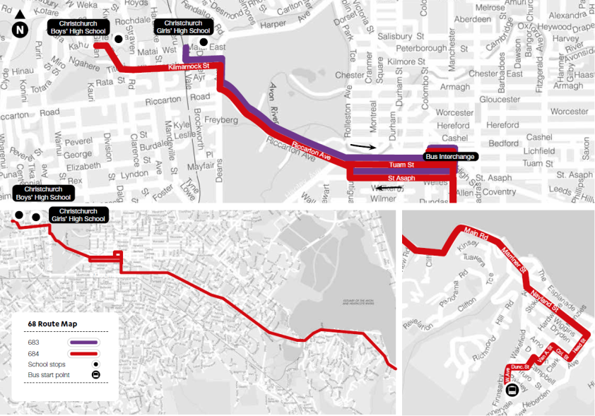 Route map for 68 Christchurch Boys' High School & Christchurch Girls' High School