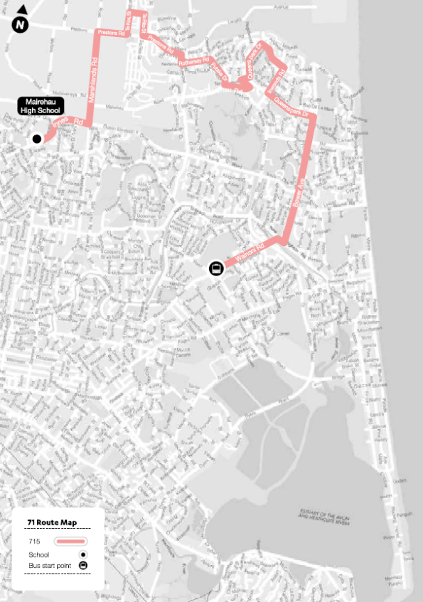 Route map for 71 Mairehau High School