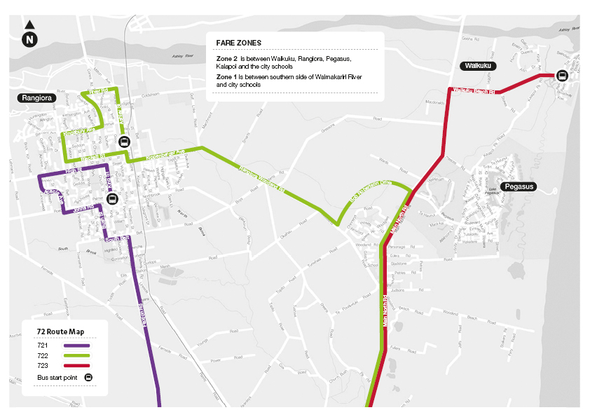72 Route Map. Fare Zones: Zone 2 is between Waikuku, Rangiora, Pegasus, Kaiapoi and the city schools; Zone 1 is between southern side of Waimakariri River and city schools. 721 starts heading north on King St (Rangiora) then west along High St, then southeast on Acacia Ave, east on Johns Rd, south on Percival St, then east on South Belt then south on Prestons Rd. 722 starts in Rangiora heading north on Ashley St, west along River Rd then south then west on Kingsbury Ave then south then east on Blackett St then south then east on Kippenberger Ave then southeast on Rangiora Woodend Rd the northeast on Bob Robinson Drive then south on Main North Rd. 723 starts heading west on Waikuku Beach Rd in Waikuku then south along Main North Rd past Pegasus. 