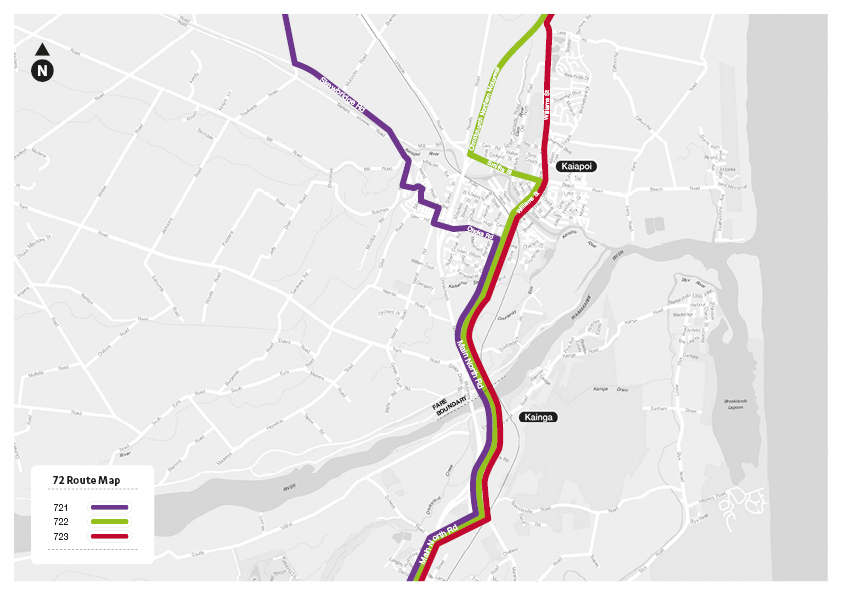 72 Route Map. 721 Skewbridge Rd / Ohoka Rd / Main North Road (crossing the fare boundary at Kainga). 722 Christchurch Northen Motorway / Smiths Rd (at Kaiapoi) / Williams St / Main North Road (crossing the fare boundary at Kainga). 723 Wiliams St (past Kaiapoi) / Main North Road (crossing the fare boundary at Kainga). 