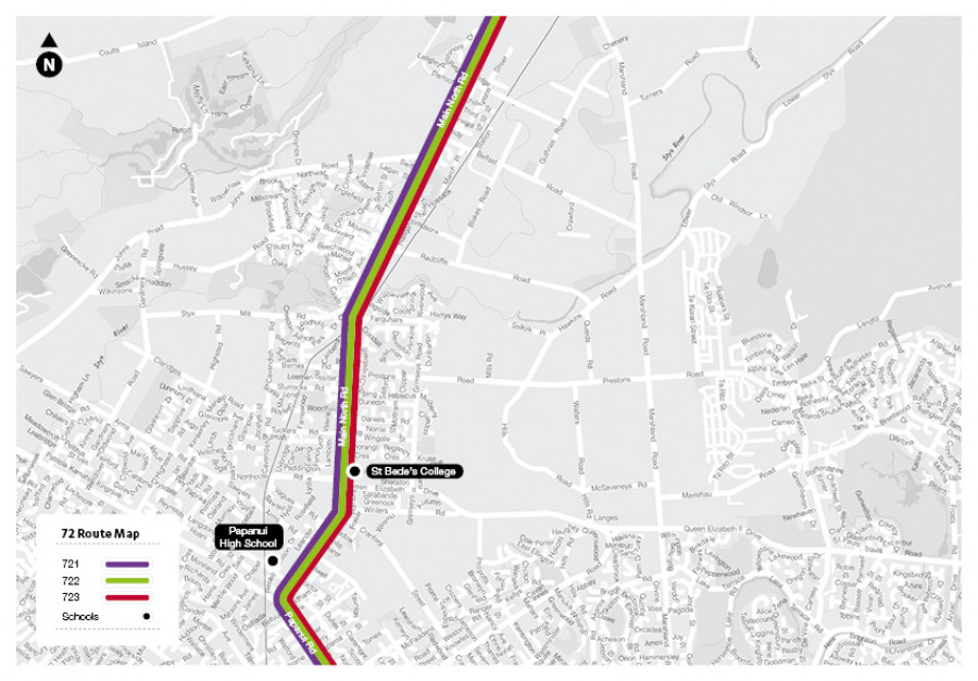 72 Route Map. 721, 722, 723: Main North Rd (passing St Bede's College) / Papanui Rd (near Papanui High School). 
