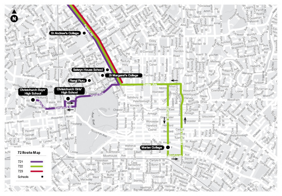 72 Route Map. 721 Papanui Rd (near St Andrew's College, Selwyn House School, St Margaret's College) / Harper Ave (near Rangi Ruru) / westwards along Kilmarnock St / eastwards passing Christchurch Girls' High School / westwards along Kilmarnock St / Kahu Rd (Christchurch Boys' High School). 722 Papanui Rd (near St Andrew's College, Selwyn House School, St Margaret's College) / Baeley Ave / southwards along Barbadoes St (passing Marian College) / eastwards along Moorhouse Ave / northwards along Fitzgerald Ave / westwards along Bealey Ave. 723 Papanui Rd (near St Andrew's College, Selwyn House School, St Margaret's College). 