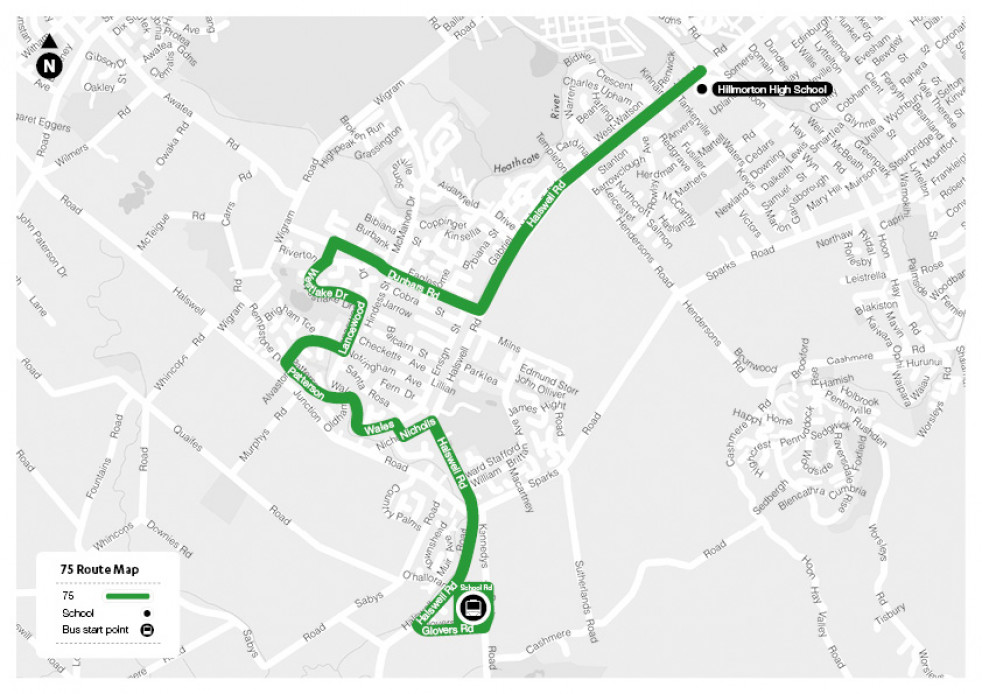 75 Halswell to Hillmorton High School - Route Map