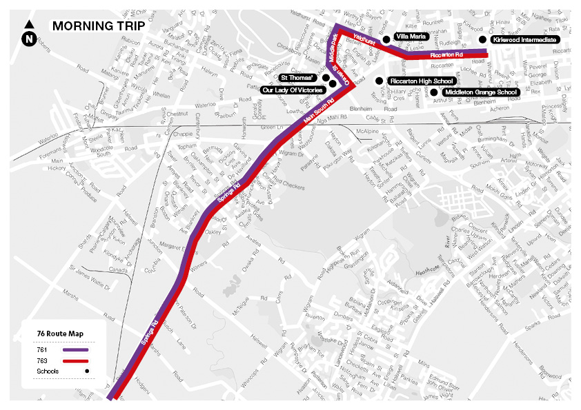 76 Lincoln to Upper Riccarton Schools - Route Map