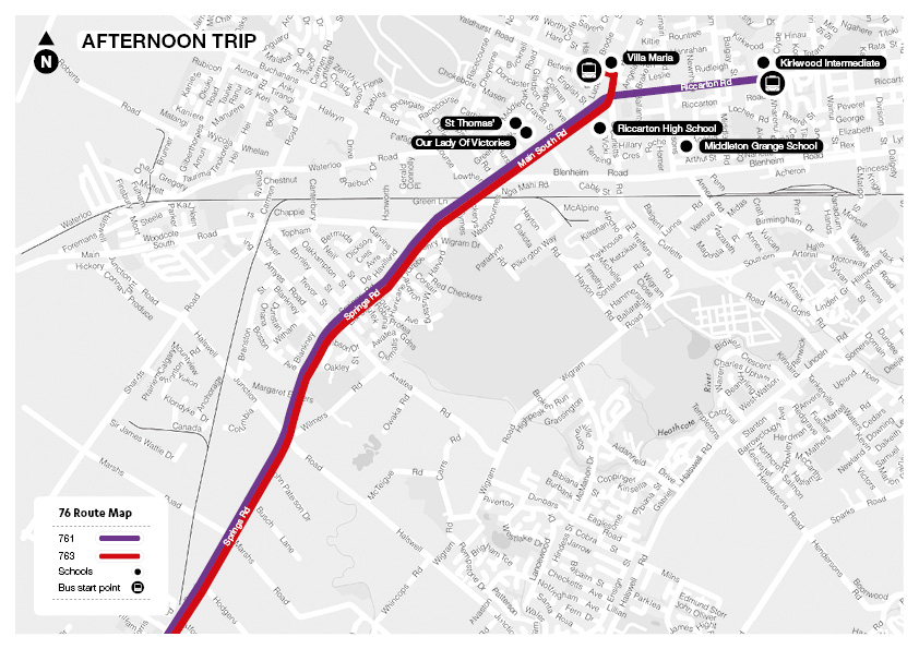 76 Lincoln to Upper Riccarton Schools - Route Map