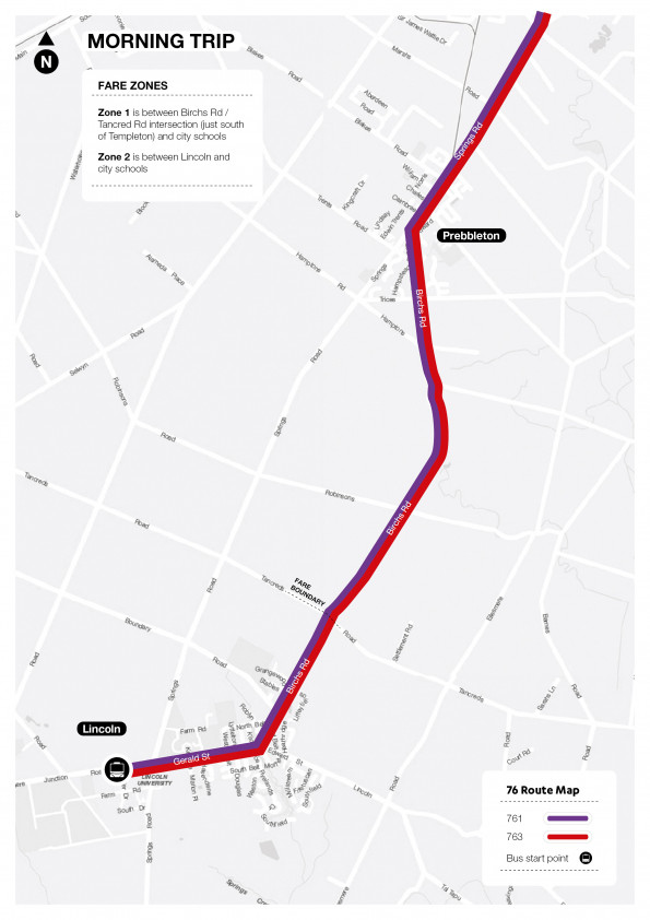 76 Lincoln to Upper Riccarton Schools - Route Map