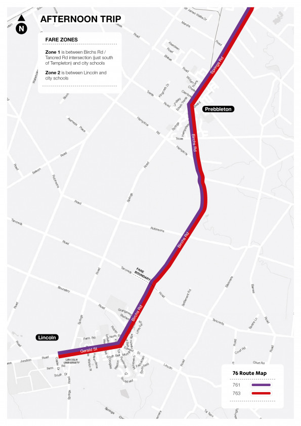 76 Lincoln to Upper Riccarton Schools - Route Map