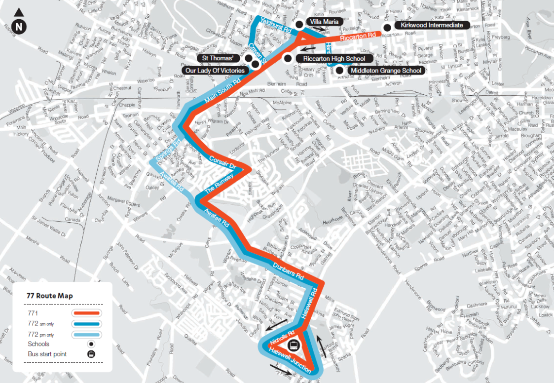 Route map for 77 Halswell to Upper Riccarton Schools